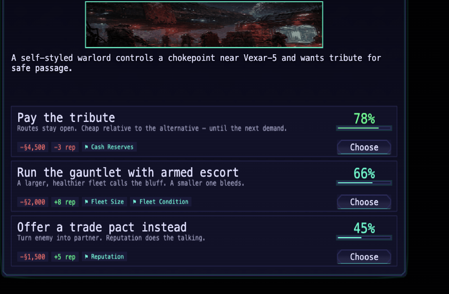 Diplomatic dilemma screen showing three choices with success percentages and trade-offs